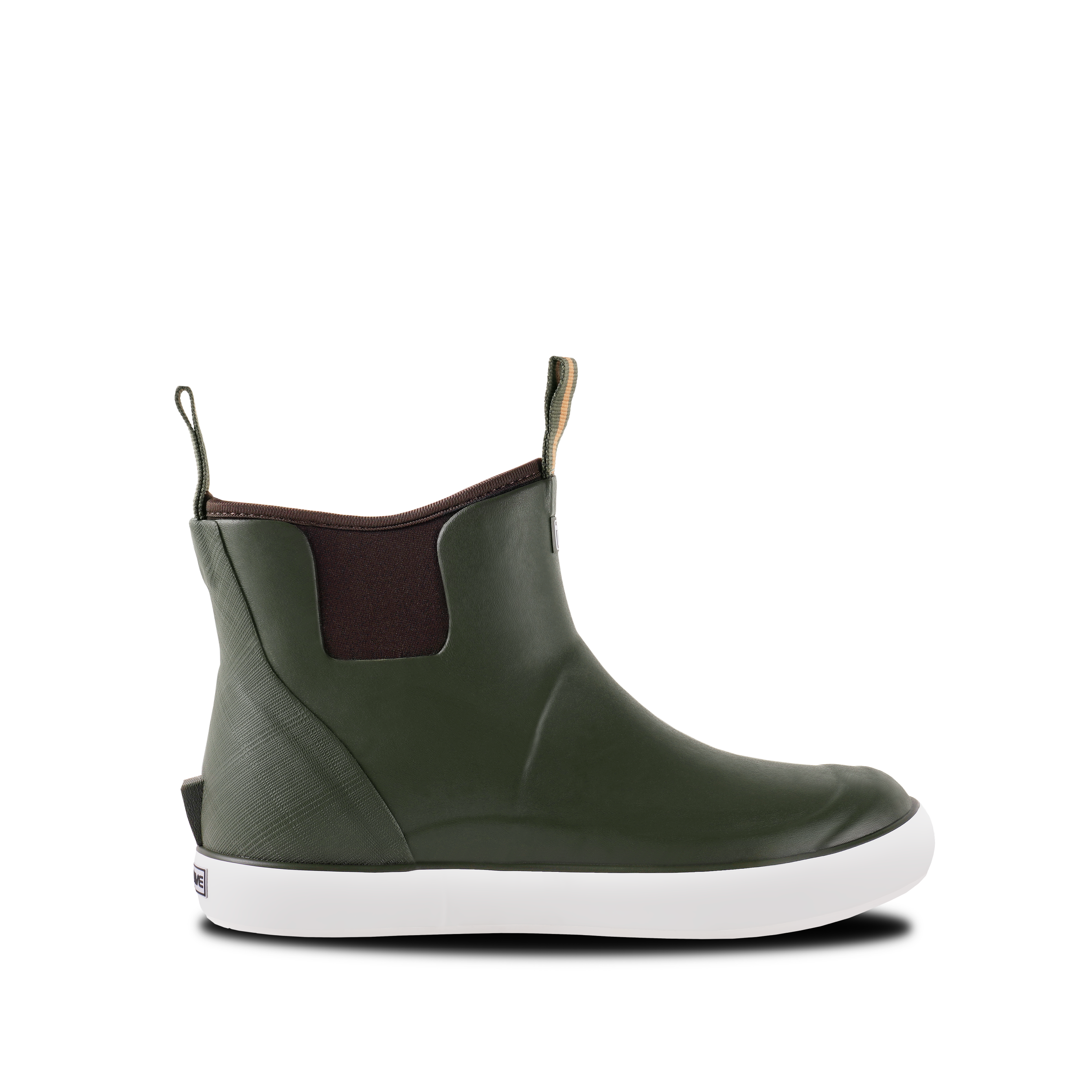 Side view of Trudave DeckFlow Series women’s ankle waterproof rubber deck boots in forest night color showing durable waterproof shell and non-slip sole for fishing and boating use